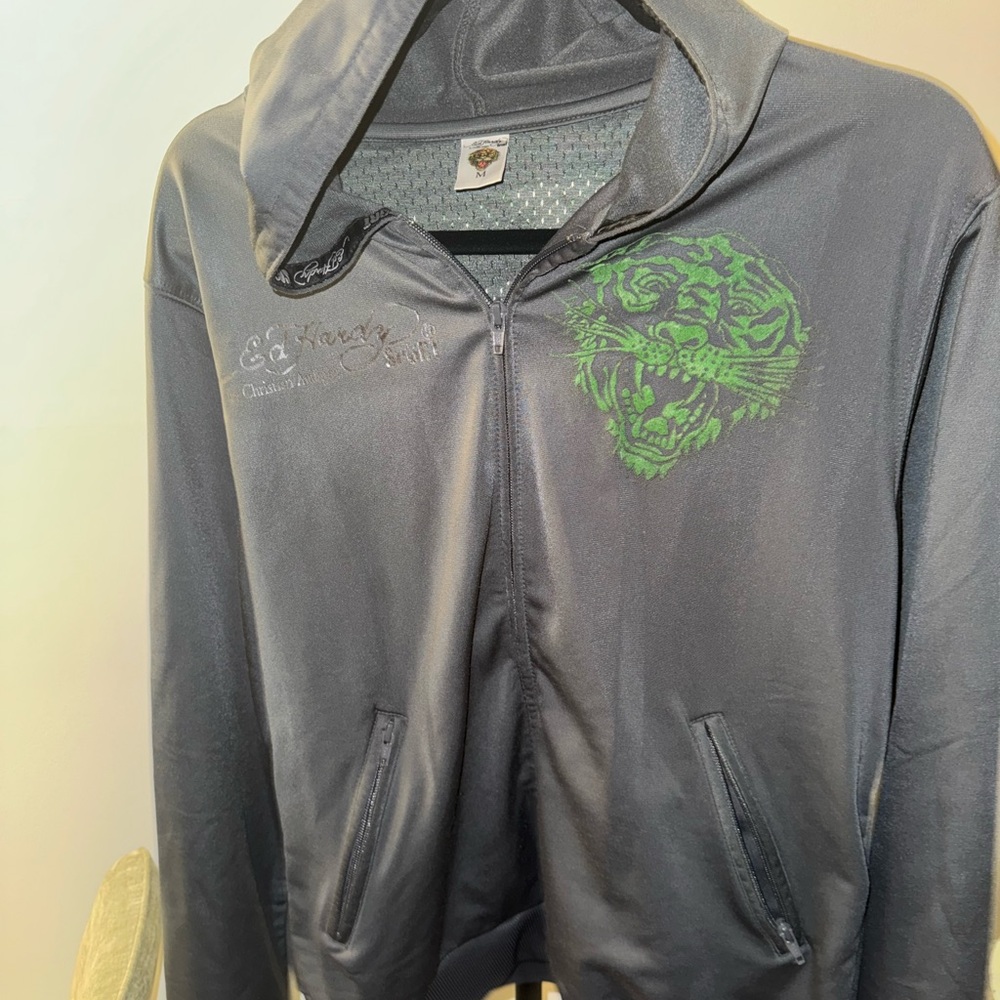 Ed Hardy Gray and Green Windbreaker with Hood